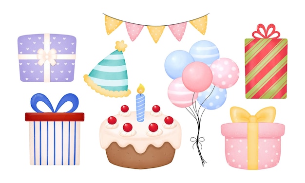 Lindo clip art de cumpleaños con decoración en estilo acuarela