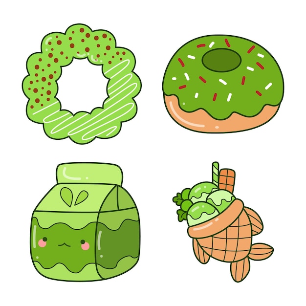 Vector lindo clip art de matcha y té verde ilustración de un pastel saludable helado verde dulce y waffle