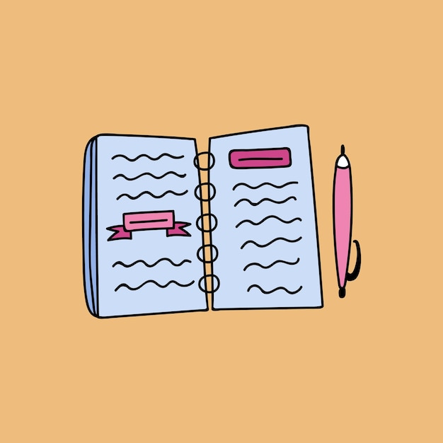 Lindo clipart aislado dibujado a mano de cuaderno de anillo abierto con notas y planificador de bloc de notas para educación y programación