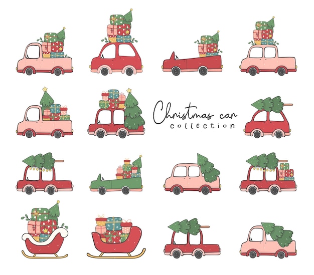 Lindo coche de navidad con árbol de navidad y cajas de regalo doodle dibujos animados colección dibujada a mano ilustración vectorial