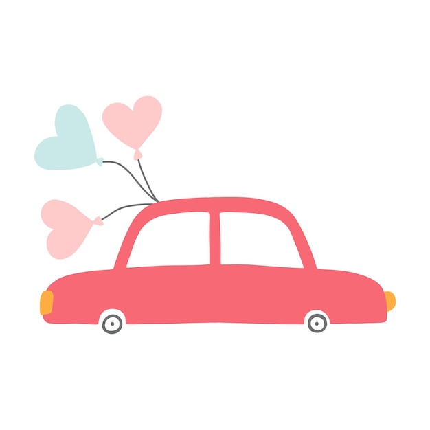 Lindo coche rojo con globos Coche de San Valentín Ilustración vectorial en un estilo plano dibujado a mano