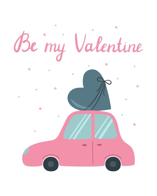 Lindo coche rosa con un corazón en el techo Tarjeta de felicitación en estilo de dibujos animados