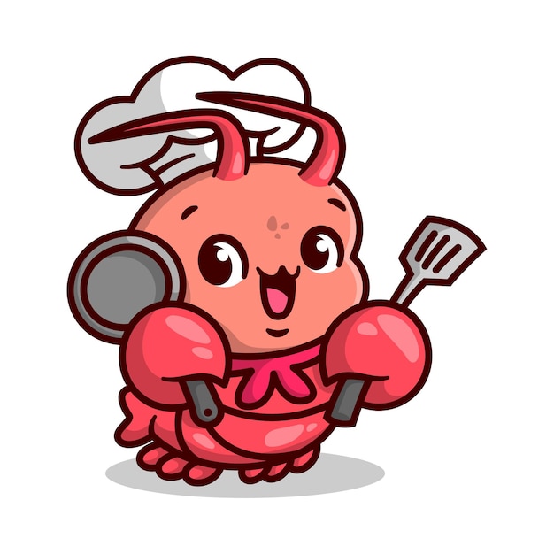 LINDO COCINERO DE LANGOSTA TRAE ESPÁTULA Y UNA MASCOTA DE DIBUJOS ANIMADOS DE SARTÉN.