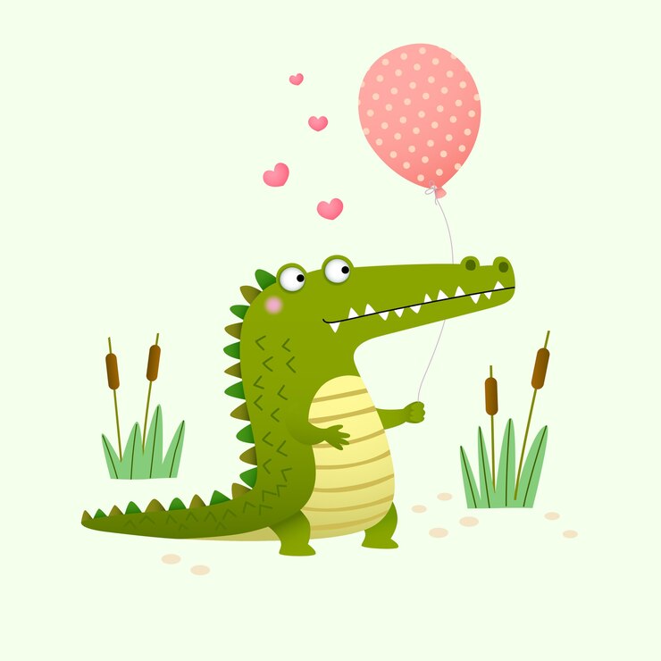 Vector lindo cocodrilo sosteniendo un globo sobre fondo verde.