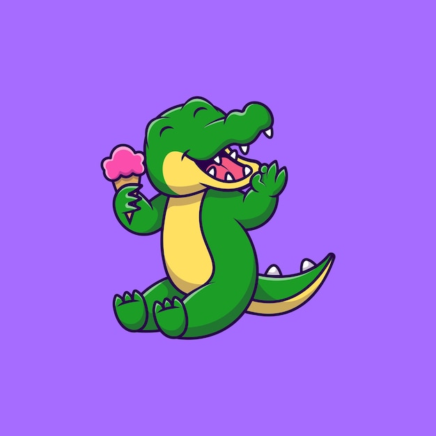 Lindo Cocodrilo Sosteniendo Helado Dibujos Animados Vector Iconos Ilustración