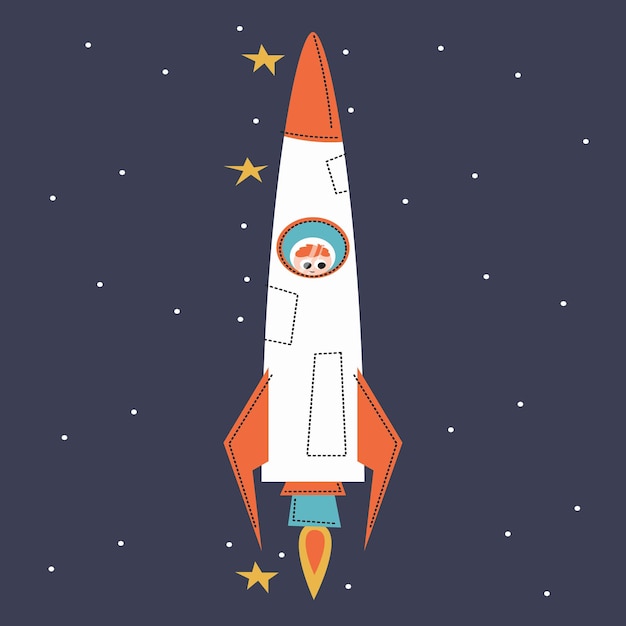 Lindo cohete de dibujos animados con un niño en el espacio