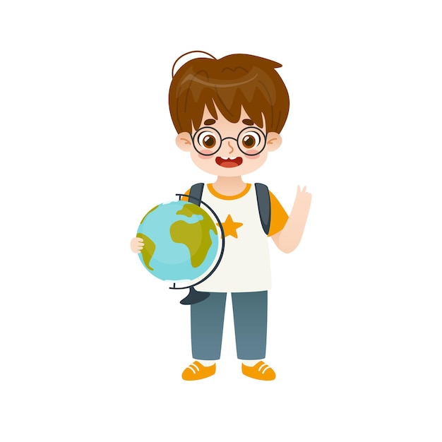 Lindo colegial de pie con globo feliz estudiante de dibujos animados con mapa del mundo Alumno adorable