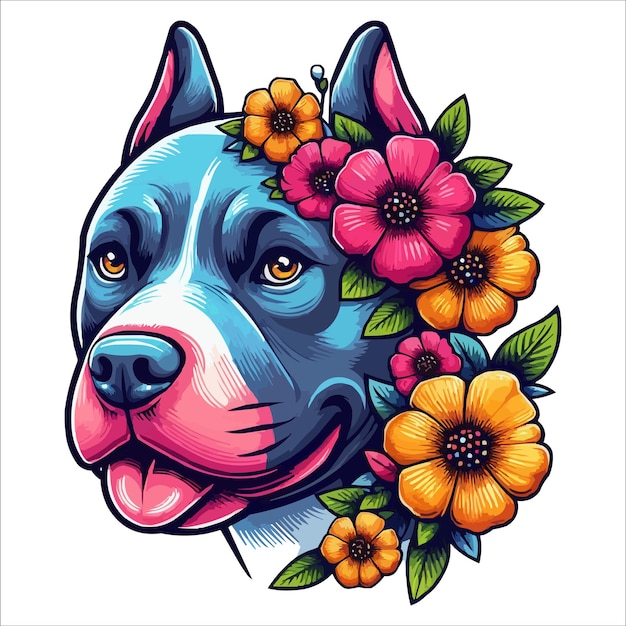 Lindo colorido cabeza de pitbull con flores en el lado