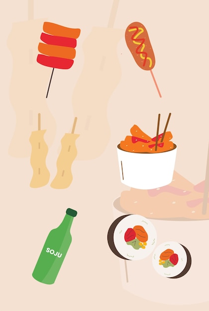 Lindo colorido coreano de la cocina de la calle clip art ilustración