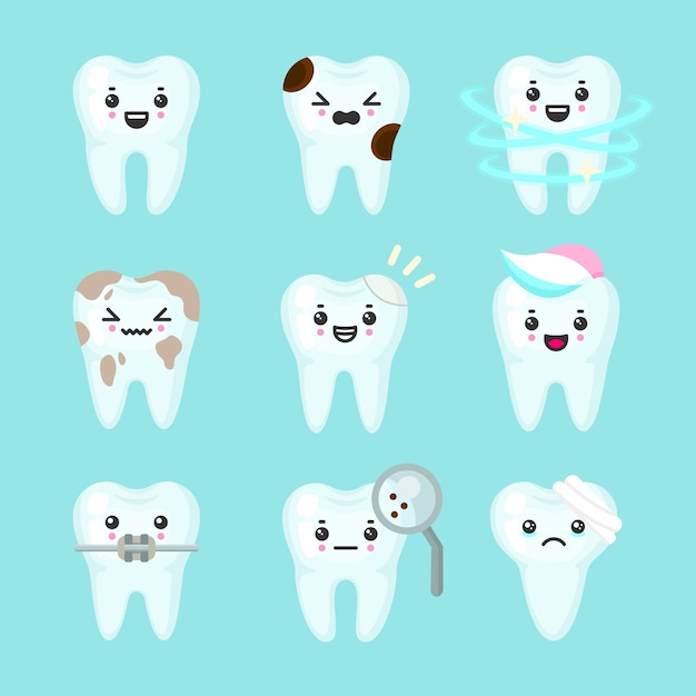 Lindo colorido de dientes con diferentes emociones. diferentes condiciones dentales. dientes sanos y malos. ilustración aislada de diente de dibujos animados.