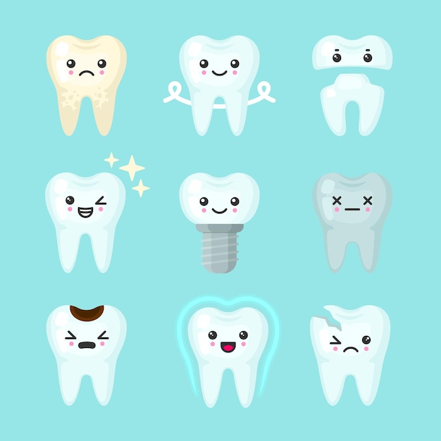 Lindo colorido de dientes con diferentes emociones. diferentes condiciones dentales.