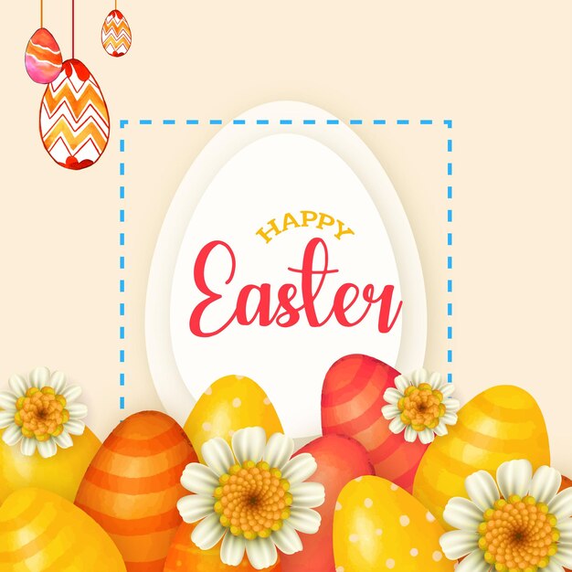 Lindo colorido feliz pascua venta cartel banner luz beige amarillo fondo con huevos vector libre