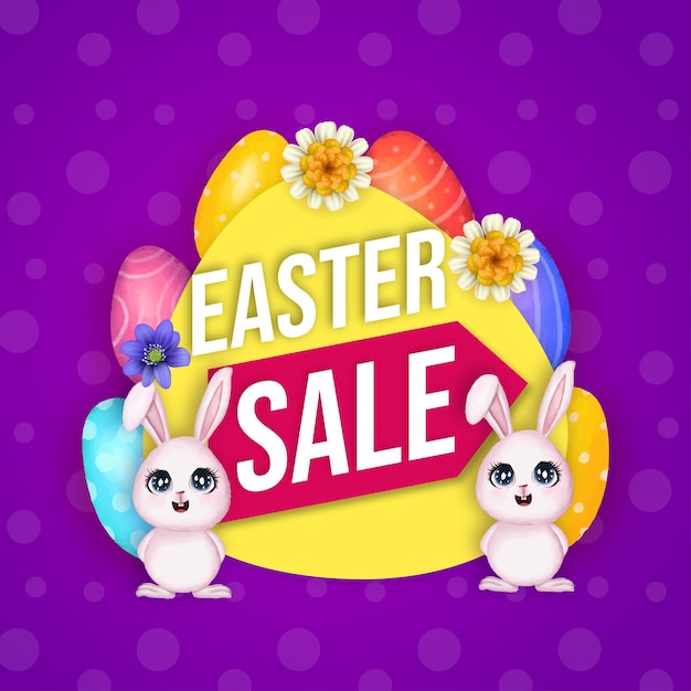 Vector lindo colorido feliz pascua venta cartel banner violeta amarillo fondo con huevos vector libre