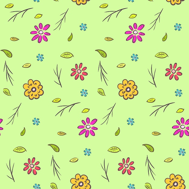 Lindo, colorido, ingenuo, dibujado a mano, floral, sin costuras, patrón, brillante, garabato, textura, con, flores, hojas, y, ramas, en, fondo verde, para, textil, papel de regalo, paquete, papel pintado