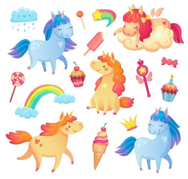 Lindo y colorido juego de unicornio con arco iris nubes pasteles de helado y dulces ilustración vectorial