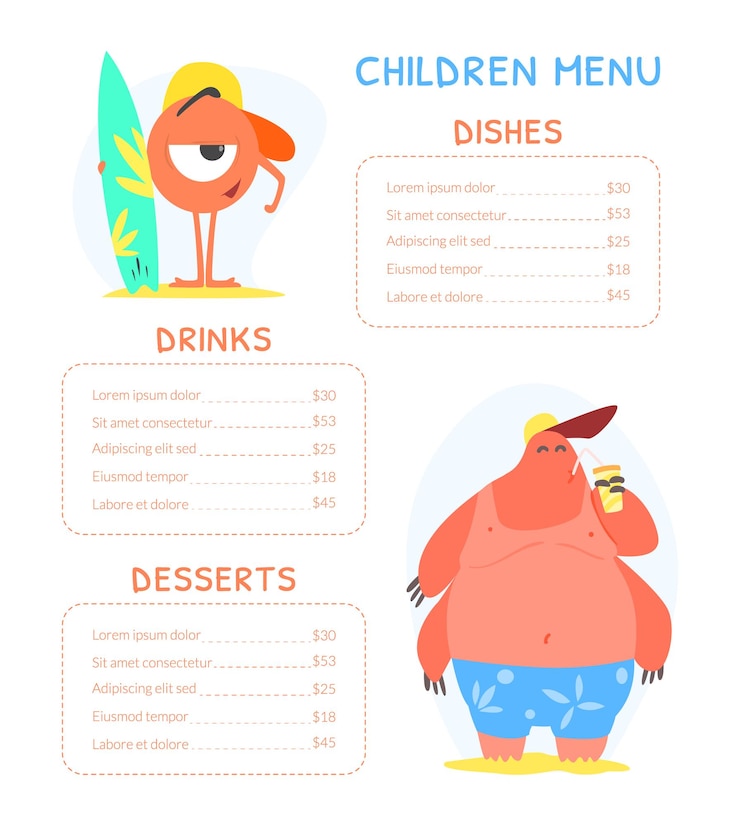 Vector lindo colorido menú de comida para niños con monstruos divertidos y lindos ilustración vectorial diseño web