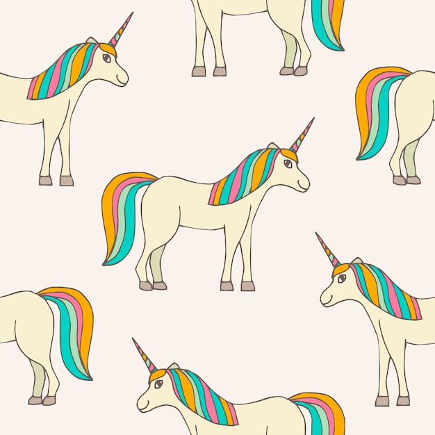 Lindo colorido de patrones sin fisuras con unicornio sonriente de cuerpo entero dibujado a mano en perfil con línea delgada