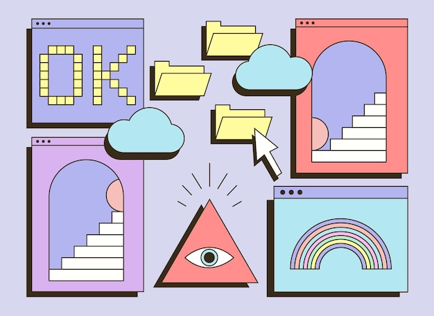 Lindo colorido retro vaporwave escritorio con cajas de mensajes y elementos de interfaz de usuario concepto de viejo