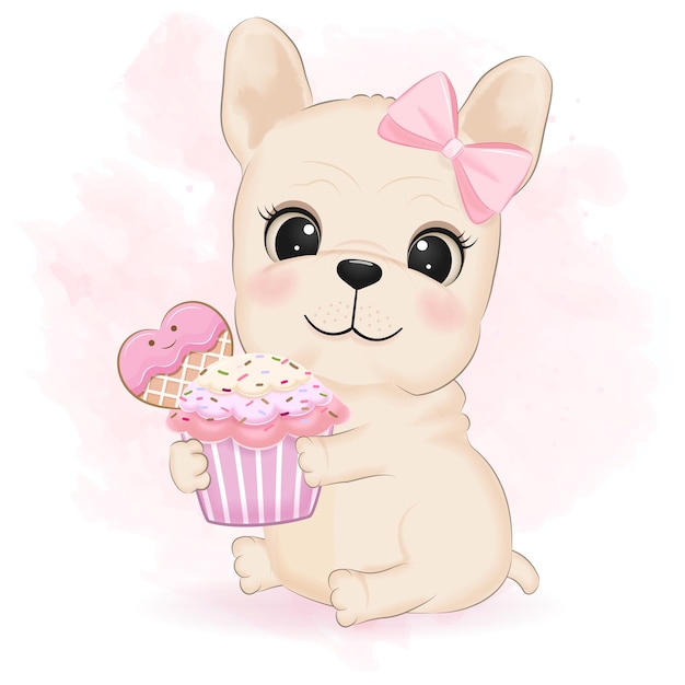 Vector lindo concepto de día de san valentín de bulldog francés y cupcake