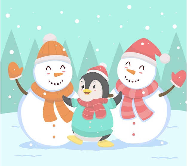 Vector lindo concepto de muñeco de nieve y pingüino