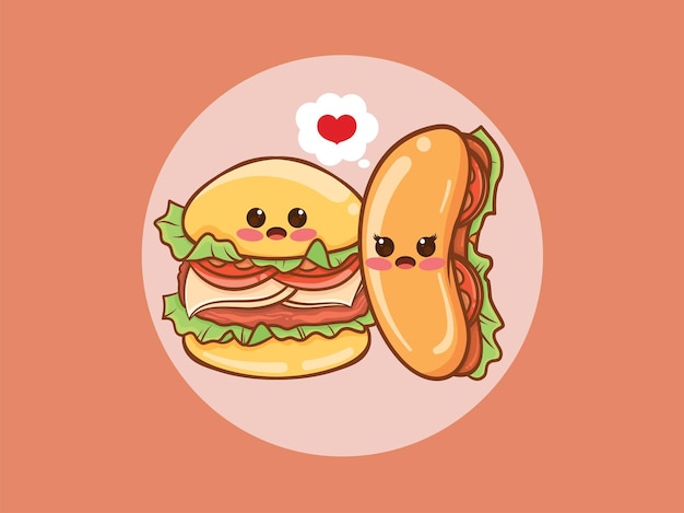 lindo concepto de pareja de hamburguesas y perros calientes. personaje de dibujos animados e ilustración.