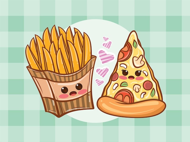 Lindo concepto de pareja de rebanadas de papa y pizza fritas. dibujos animados