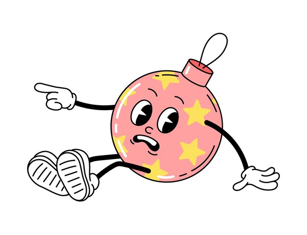 Lindo concepto de personaje retro Bola decorativa rosa en pedante al estilo antiguo Volver a la era hippie de los años 80 y 90 Cartel o pancarta Ilustración vectorial plana de dibujos animados aislada sobre fondo blanco
