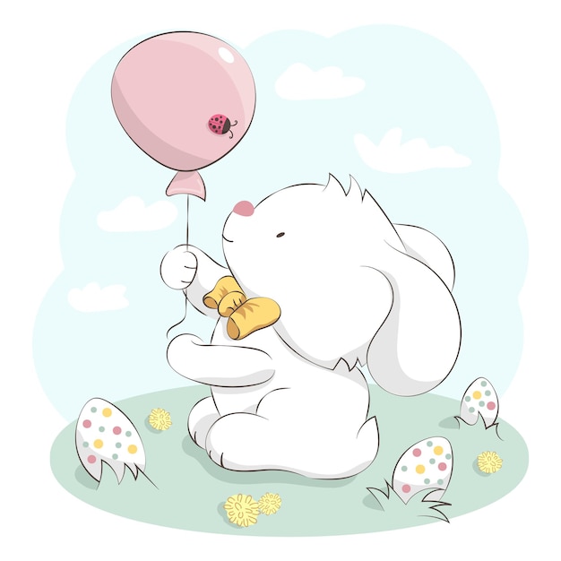 Lindo conejito con arco sosteniendo globo y huevos de Pascua. Dibujado a mano ilustración de dibujos animados