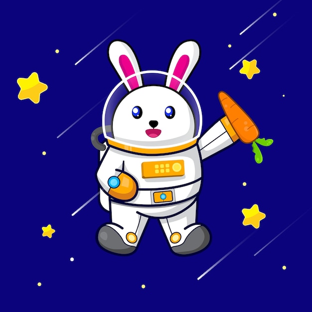 Vector lindo conejito astronauta sosteniendo zanahoria