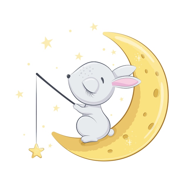 Lindo conejito bebé está durmiendo en la luna