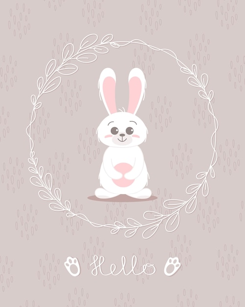 Vector lindo conejito bebé y niños concepto felices pascuas conejos diferentes poses personajes de dibujos animados tarjeta con lindo conejito conejito con hojas florales diseño para bebé niños cartel tarjeta invitación vector