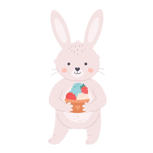 Lindo conejito blanco con helado. Hola verano, vacaciones de verano, verano