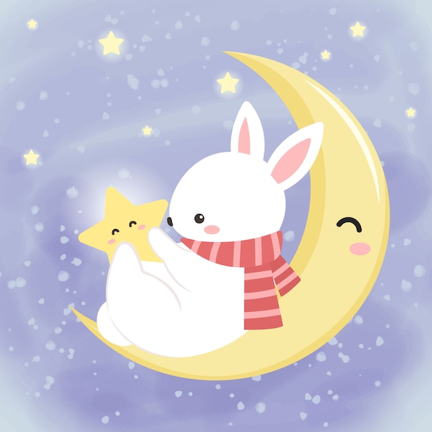 Vector lindo conejito blanco jugando con la estrella en el cielo