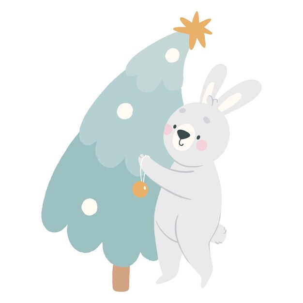 Lindo conejito de conejo decorando la ilustración de los niños del árbol de navidad