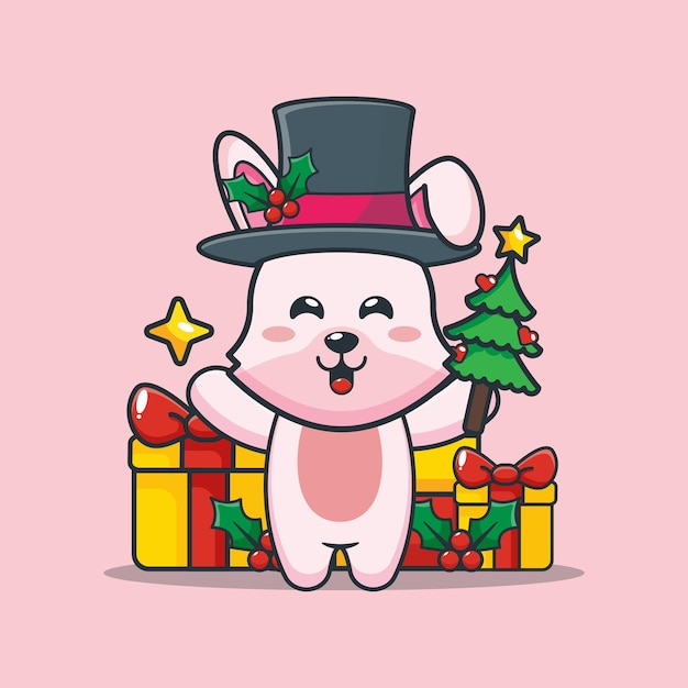 Vector lindo conejito en el día de navidad con árbol de navidad y estrella linda ilustración de dibujos animados de navidad