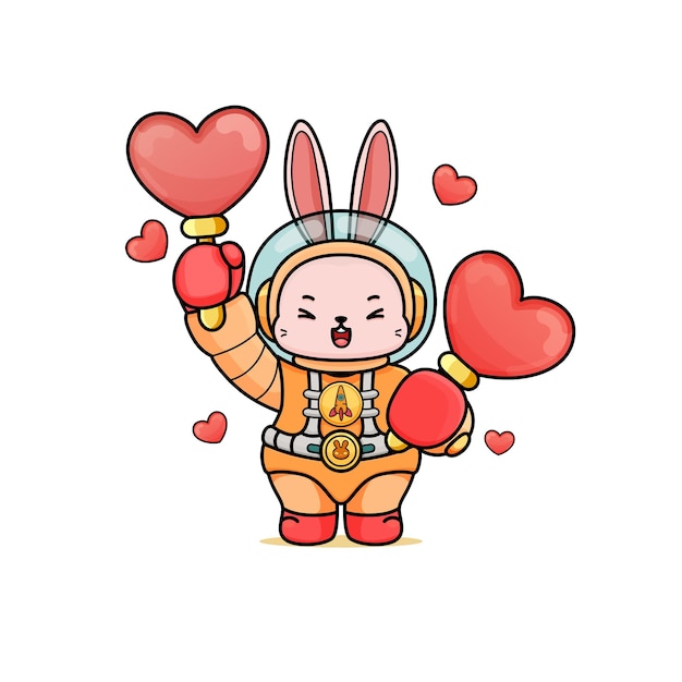 Lindo conejito de dibujos animados en un disfraz de astronauta sosteniendo dos palos de amor en ambas manos para la creación de contenido