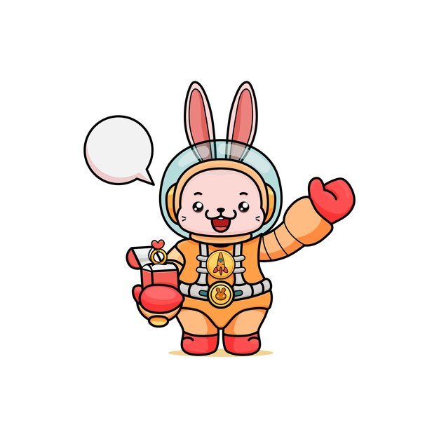 Lindo conejito de dibujos animados disfrazado de astronauta sosteniendo una caja de anillo con burbuja de habla para animación