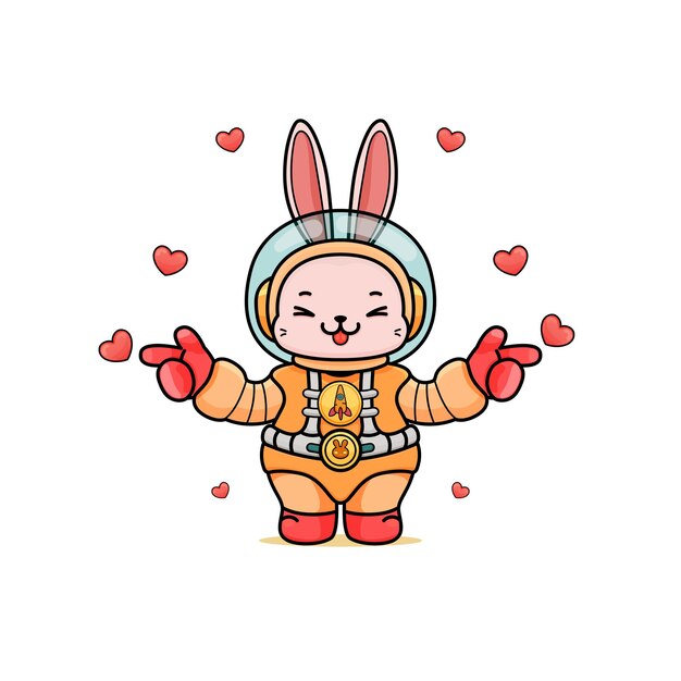 lindo conejito de dibujos animados en un traje de astronauta apuntando a la derecha y a la izquierda para la creación de contenido