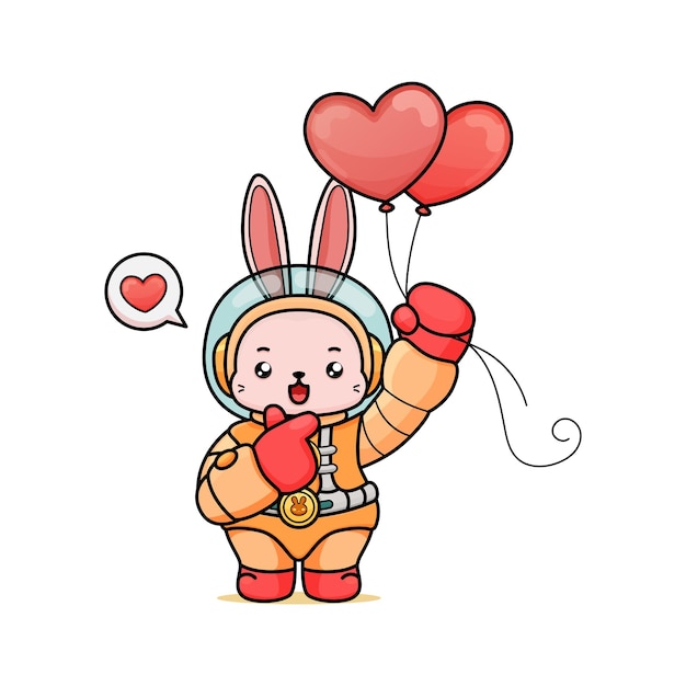 lindo conejito de dibujos animados en traje de astronauta sosteniendo dos globos de corazón con icono de amor