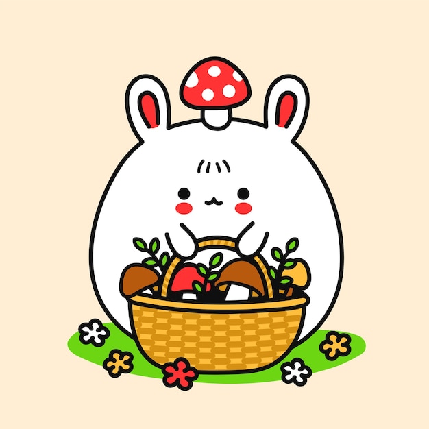 Lindo conejito divertido con canasta y seta amanita en la cabeza. Vector dibujado a mano dibujos animados kawaii personaje ilustración pegatina logo icono. Conejito, conejo con canasta de setas, concepto de hongos