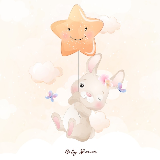 Vector lindo conejito doodle con ilustración de estrella