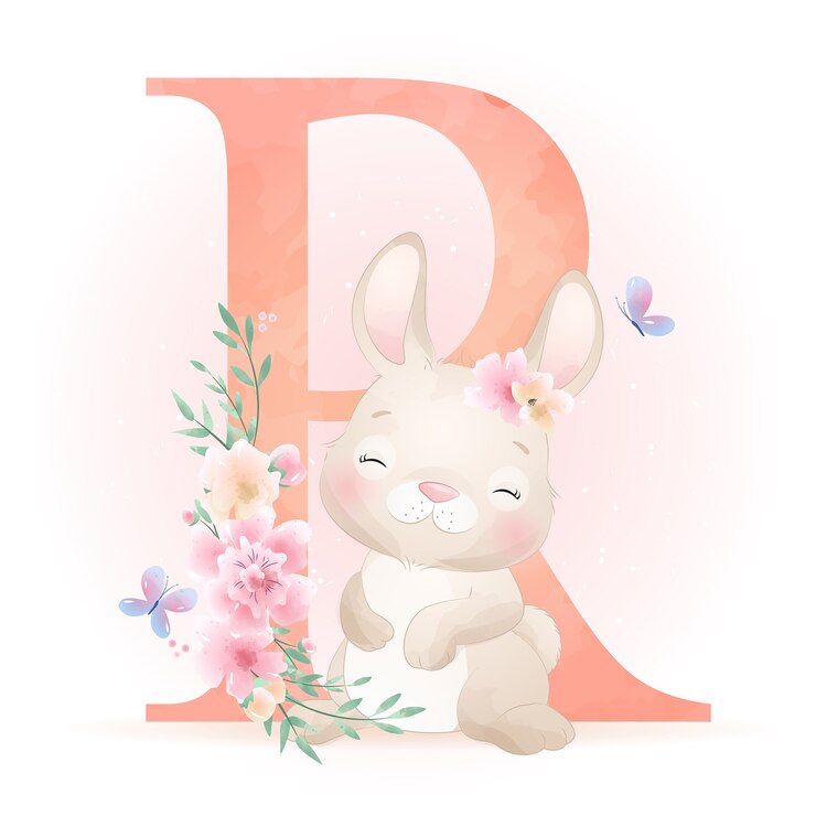 Vector lindo conejito doodle con ilustración floral