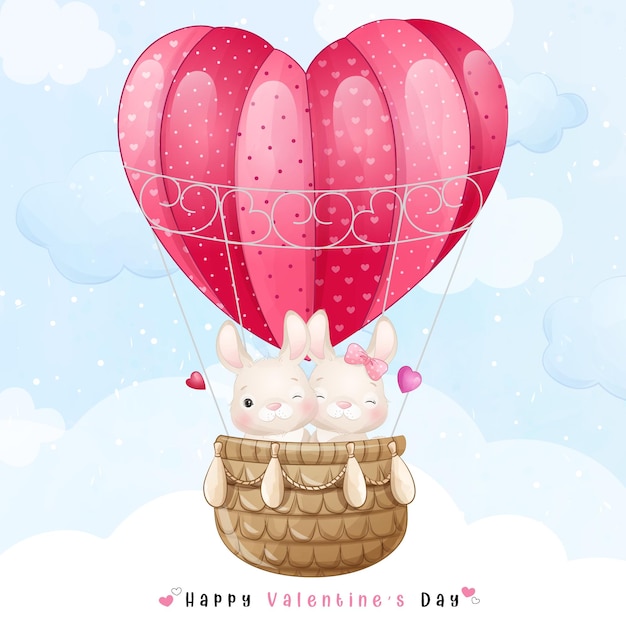 Lindo conejito doodle volando con globo de aire para el día de san valentín