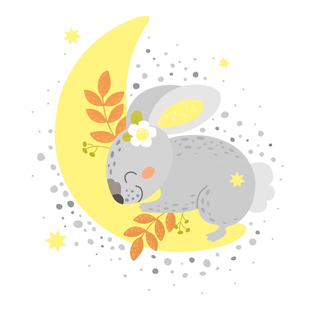 Lindo conejito duerme en la luna. imprimir en estilo de dibujos animados.