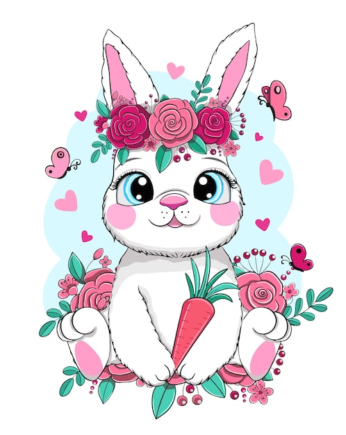 Lindo conejito dulce niña y flores imprimir diseño conejo vector ilustración