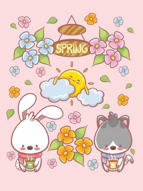lindo conejito y gatos primavera elemento personaje de dibujos animados y tarjeta de ilustración. concepto de "hola primavera".