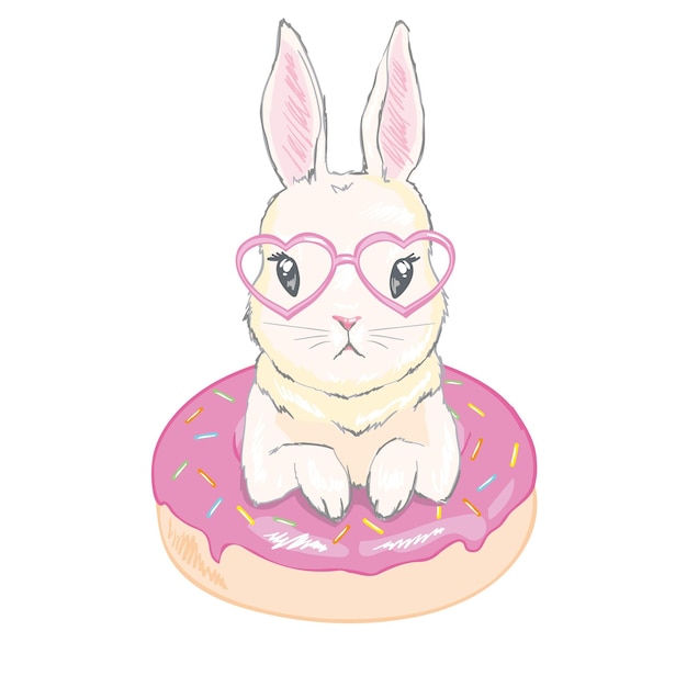 Lindo conejito con globos de donas. Ilustración dibujada a mano vectorial.