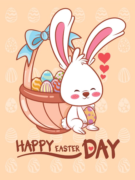 lindo conejito con huevos de pascua decorados. ilustración de personaje de dibujos animados concepto de feliz día de pascua.