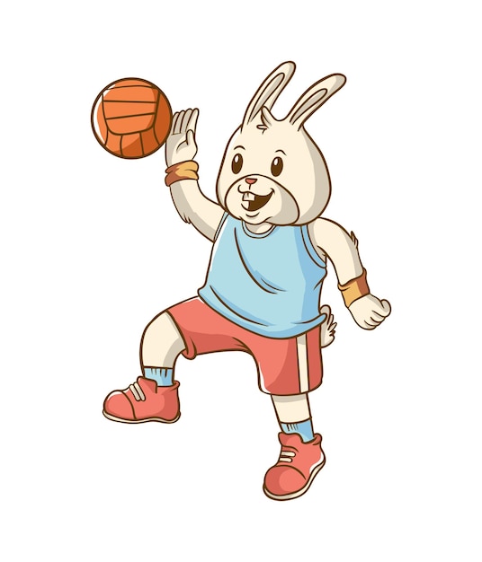 lindo conejito mascota dibujos animados ilustración diseño jugando voleibol