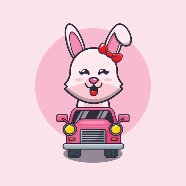 lindo conejito mascota personaje de dibujos animados paseo en coche